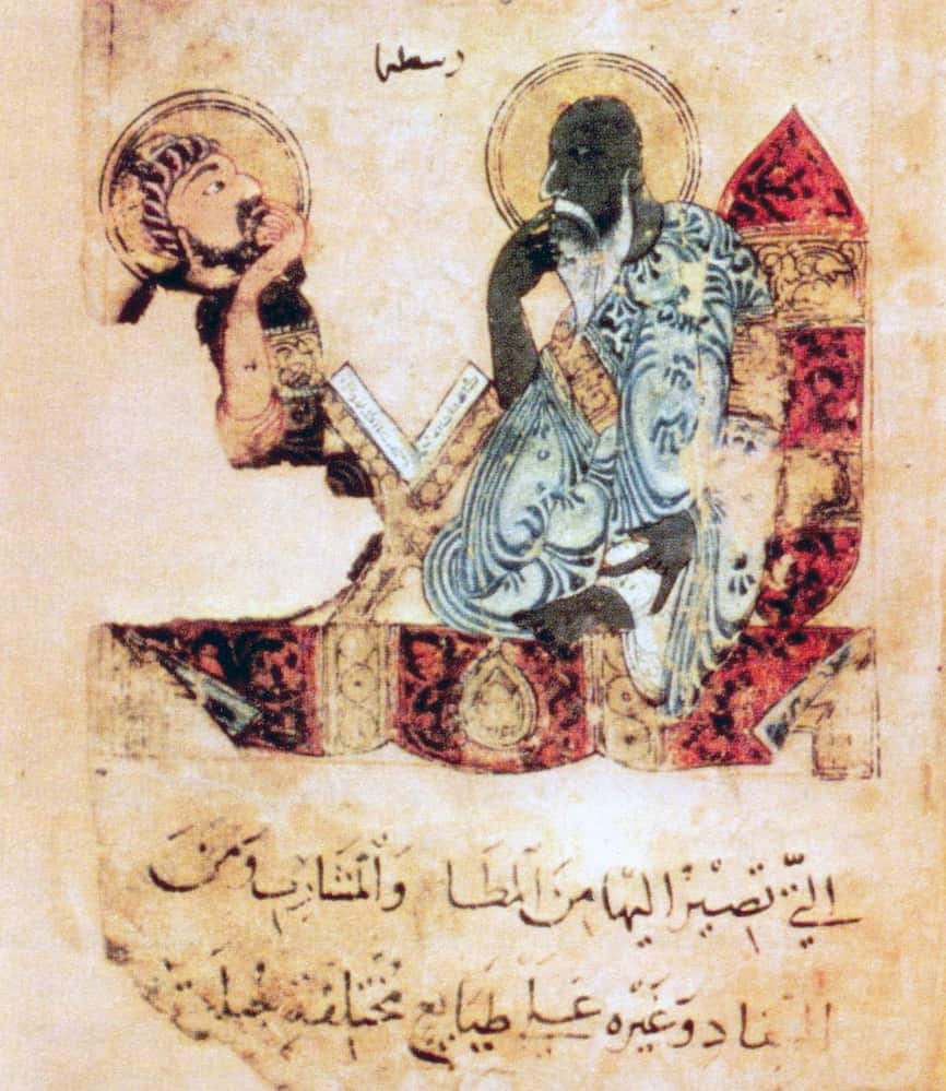 A medieval Arabic representation of Aristotle teaching a student.