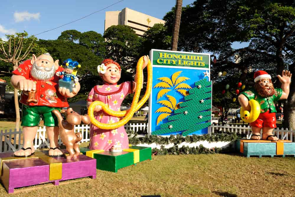 Santa's Elves in shorts. Honolulu, Hawaii.