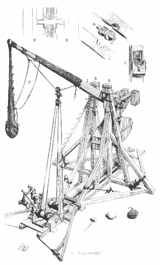 Counterweighted trebuchet in preparation for launch.