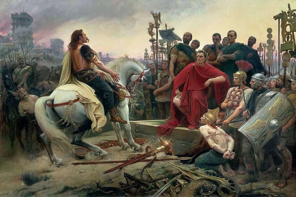 The surrender of the Gallic chieftain Vercingetorix to Julius Caesar after the Battle of Alesia (52 BC).