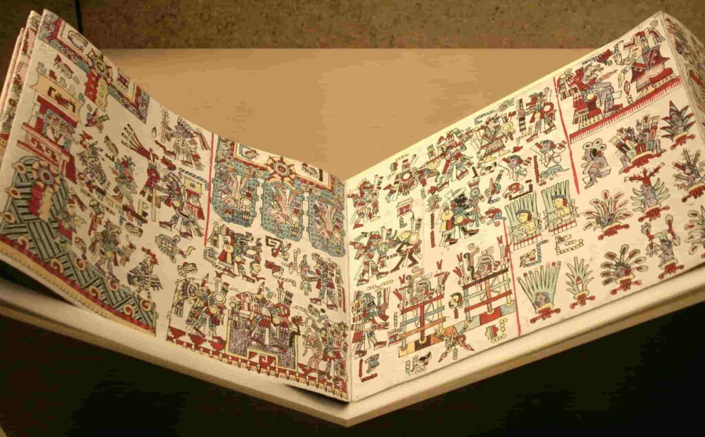 Two pages of the Codex Zouche-Nuttall, as displayed at the British Museum.