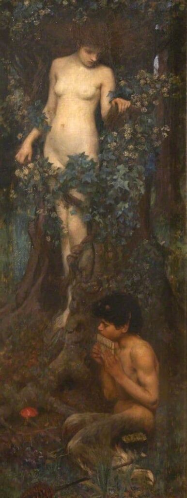 Hamadryad (1895, with a young satyr at her feet playing Pan's flute), by John William Waterhouse.