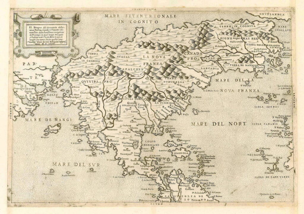 Map of North America from 1566 with Terra Incognita and Mare Incognito (Unknown Sea).