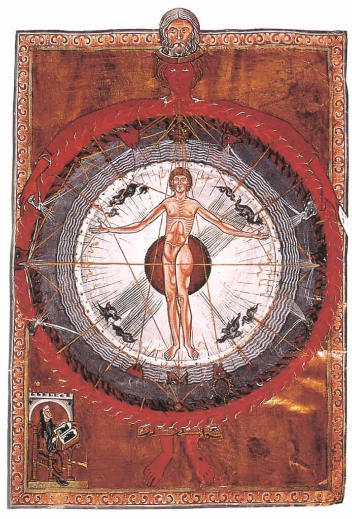 Representation of Man and the Universe, miniature from a manuscript of the Liber divinorum operum d'Hildegarde de Bingen, Biblioteca statale, Lucca, Cod.Lat.1942, f.9.