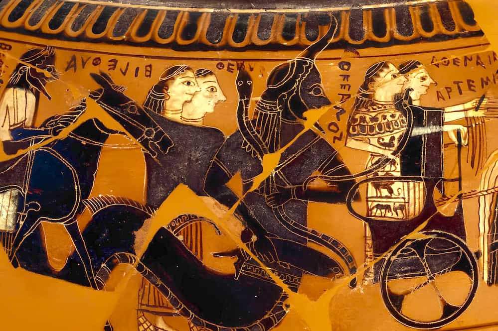 Detail from the marriage of Peleus and Thetis: Athena and Artemis in the chariot are followed by the snake- or fish-tailed Oceanus and his wife Tethys – the bride's grandparents – as well as Eileithyia, goddess of childbirth. Black-figure dinosaur of Sophilos, c. 590 BC (British Museum).