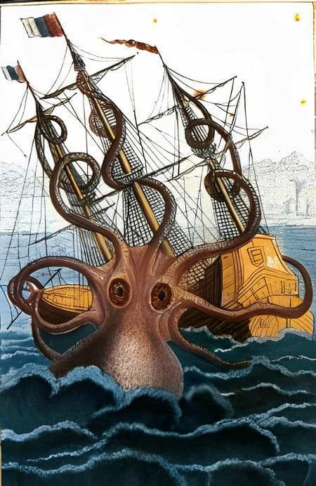 The Kraken wraps around a vessel with its tentacles.