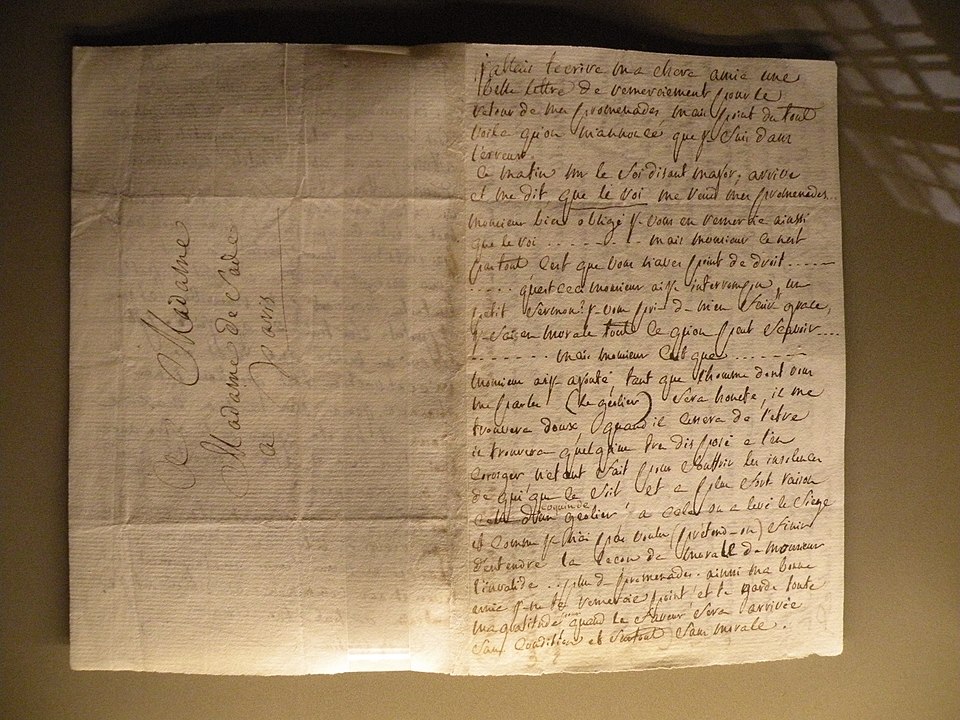 Letter from the Marquis de Sade to his wife from the dungeon at Vincennes.