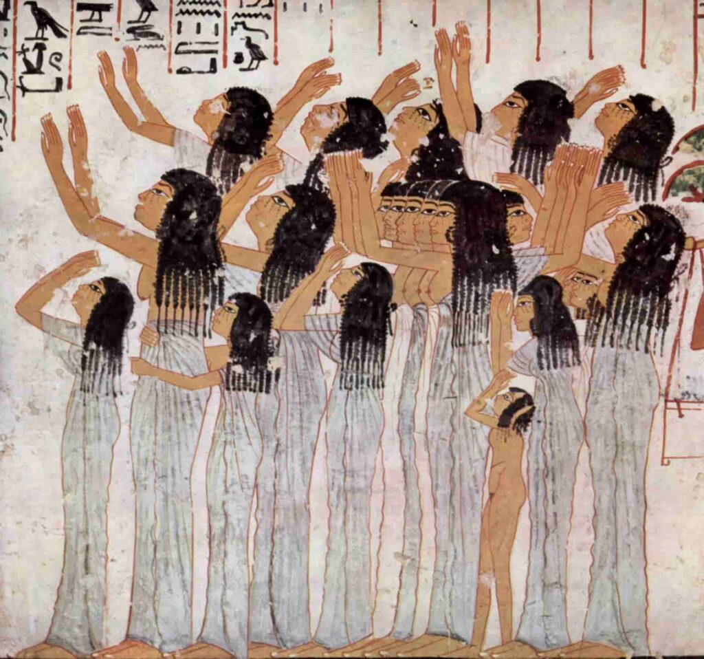 Ancient Egyptian Weeping wives in gray, pleated (or just folding) dresses that reach up to under the breasts (some have shoulder shawl). From the burial chamber of Ramose, vizier under the pharaohs Amenhotep III and Akhenaten, from 1411-1375.