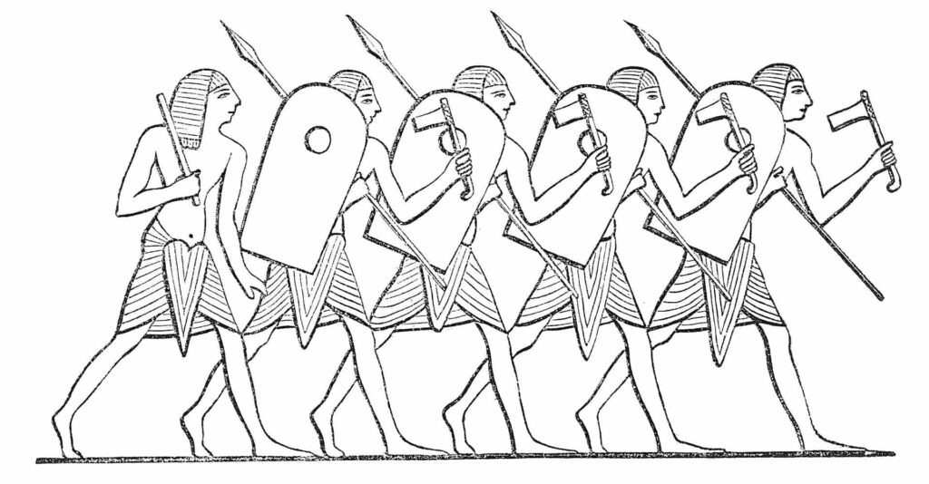 Ancient Egyptian foot soldiers wearing headdresses with stripes, loincloth with characteristic braced front piece, shield of wood upholstered with leather, spear and ease of use Battle axes.