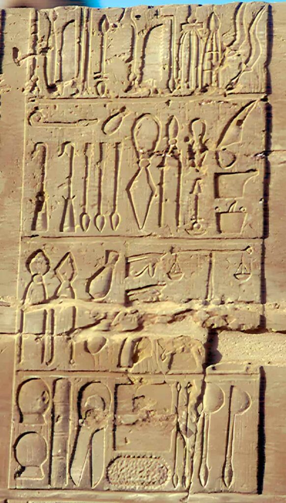 Ancient Egyptian medical instruments depicted in Ptolemaic times; inscription from the temple of Kom Ombo.