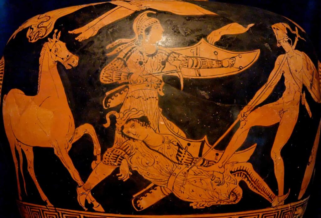 Patroclus killing Sarpedon despite the arrival of Glaucus, Protolucanian hydria of the Painter of Policoro, c. 400 BC, National Archaeological Museum of Policoro.