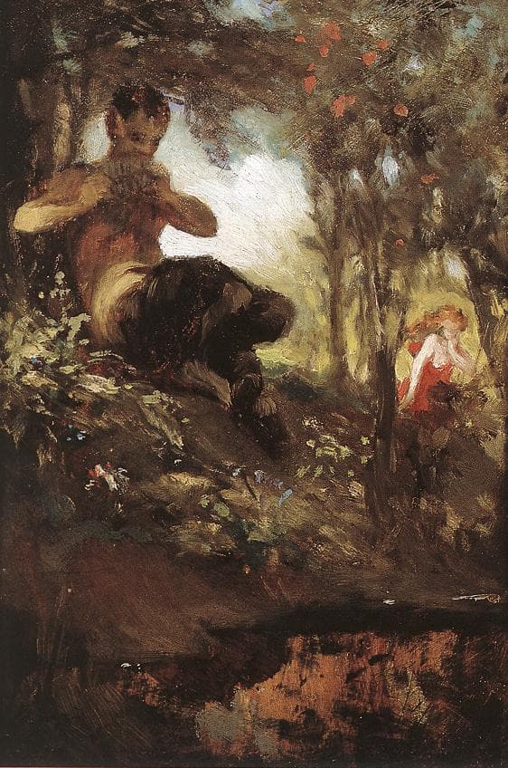 Impressionistic depiction of a faun playing Pan's flute, an activity that induces a trance-like state of sleep when played too loudly. By Pál Szinyei Merse.