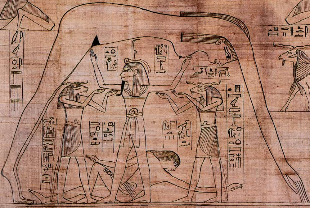 Detail of the Greenfield Papyrus (ca. 950 BC) depicting Shu, in the centre, standing above a Geb (the earth) while sustaining Nut (the sky), assisted by a pair of gods Hehu from the ram's head. British Museum.