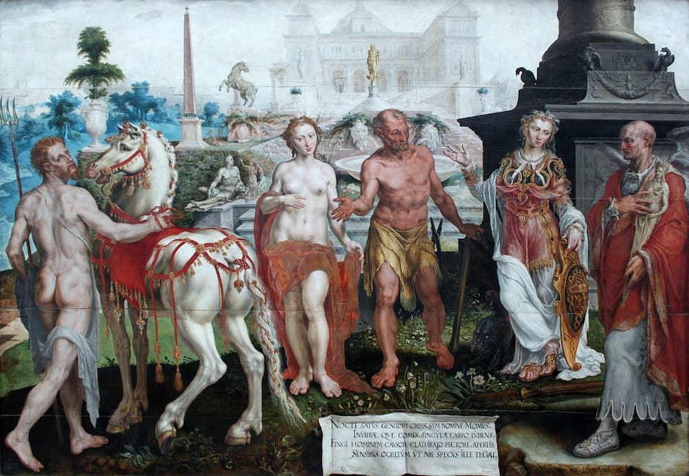 Momos criticizes the creations of the gods, canvas of Maarten van Heemskerck (1561). From left to right: Neptune, a horse, Venus, Vulcan, Minerva, Momus.