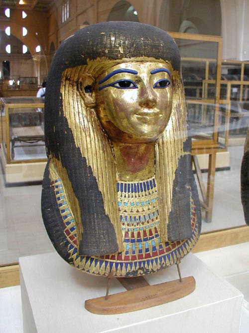 Gilded cartonnage mummy mask of Thuya, wife of Yuya and mother of Queen Tiye.