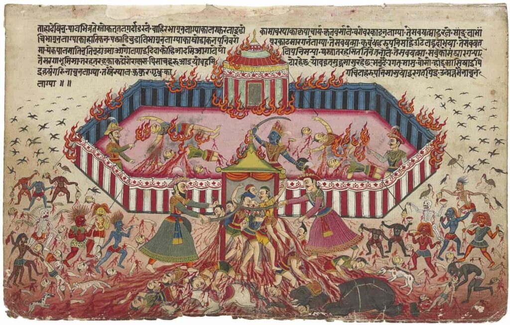 An illustration from the Mahabharata Nepal, c. 1800 Depicting the five Pandava brothers dispatching and setting fire to their enemy within a striped tent, with scavengers, vultures and ghouls in the foreground.