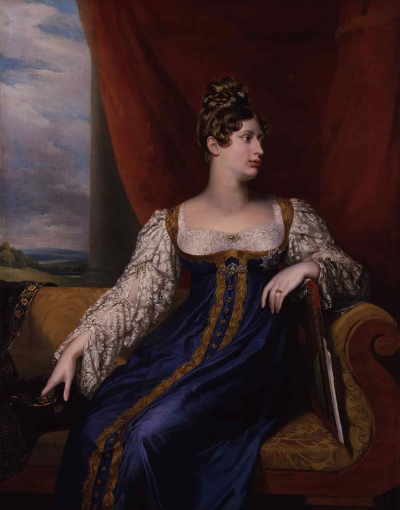 Princess Charlotte of Wales (1796–1817), only child of George IV of the United Kingdom and Caroline of Brunswick, shortly before her death delivering a stillborn son in 1817. Her husband was Prince Leopold of Saxe-Coburg-Saalfeld, the future Leopold I of the Belgians.