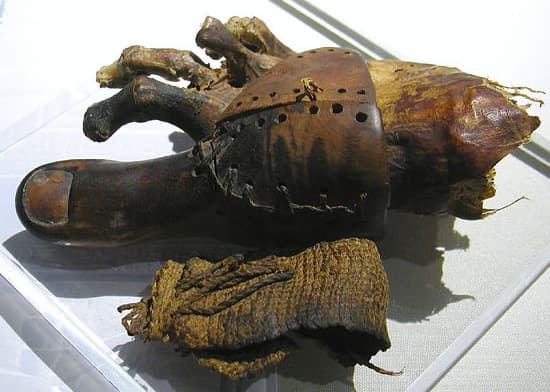 This wooden and leather toe prosthesis was used by an amputee to make walking easier in ancient Egypt.