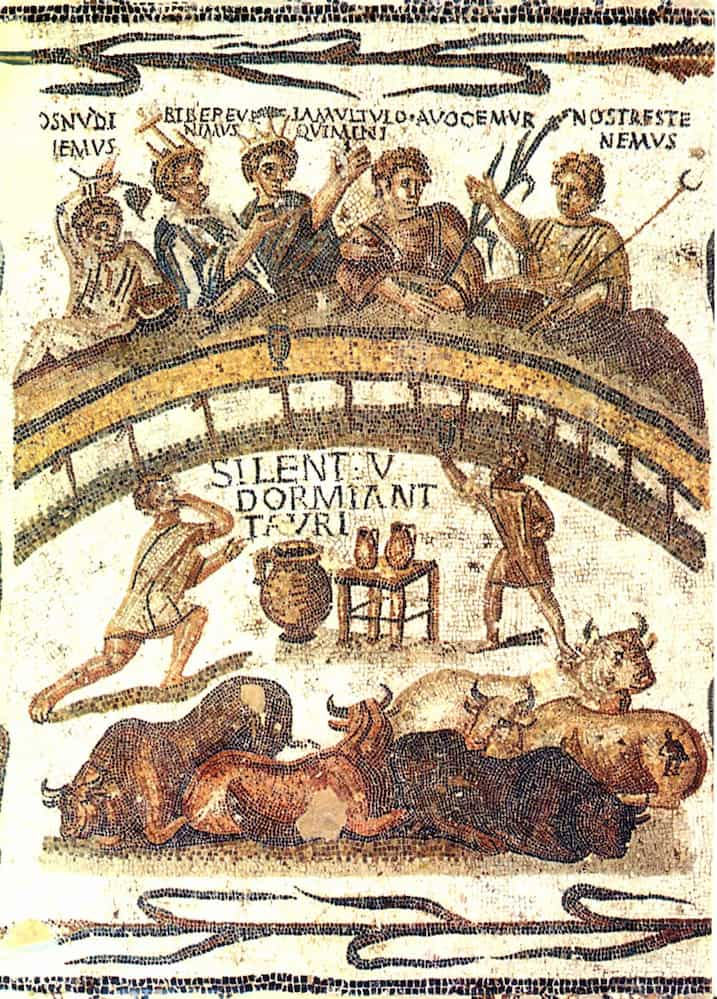 Characters from the sodalities of Roman Africa at a banquet, with their own symbols, in charge of organizing the shows in the amphitheater. Thysdrus mosaic from the third century.