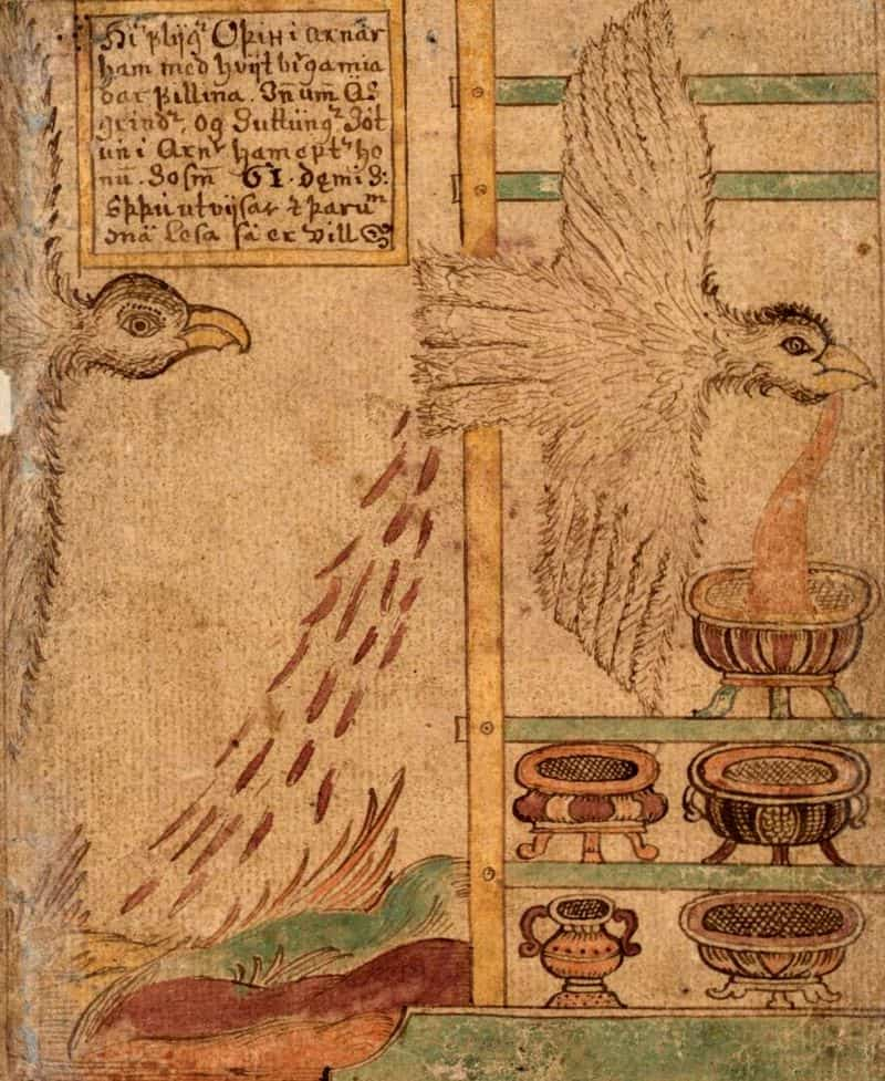 Wearing an eagle guise, Suttung chases Odin, who flees with the poetic mead and spits it out into several vessels. Illustration by the Icelandic artist Jakob Sigurðsson from the 18th century.