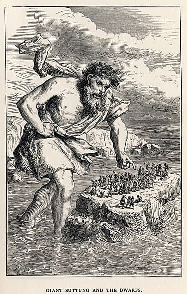 «Jotnen Suttungr and the Dwarfs", illustration by Louis Huard (1813–1874) for a book on Norse mythology published in the late 1800s.