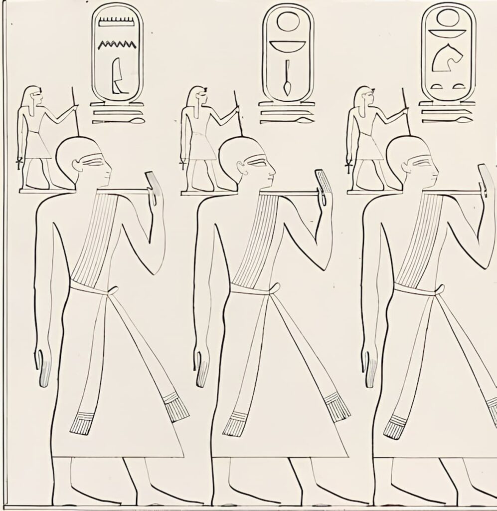 The Three Unifiers of the Empire Menes, Mentuhotep II. and Ahmose I; Depiction of Ramses II in the Ramesseum, west wall.