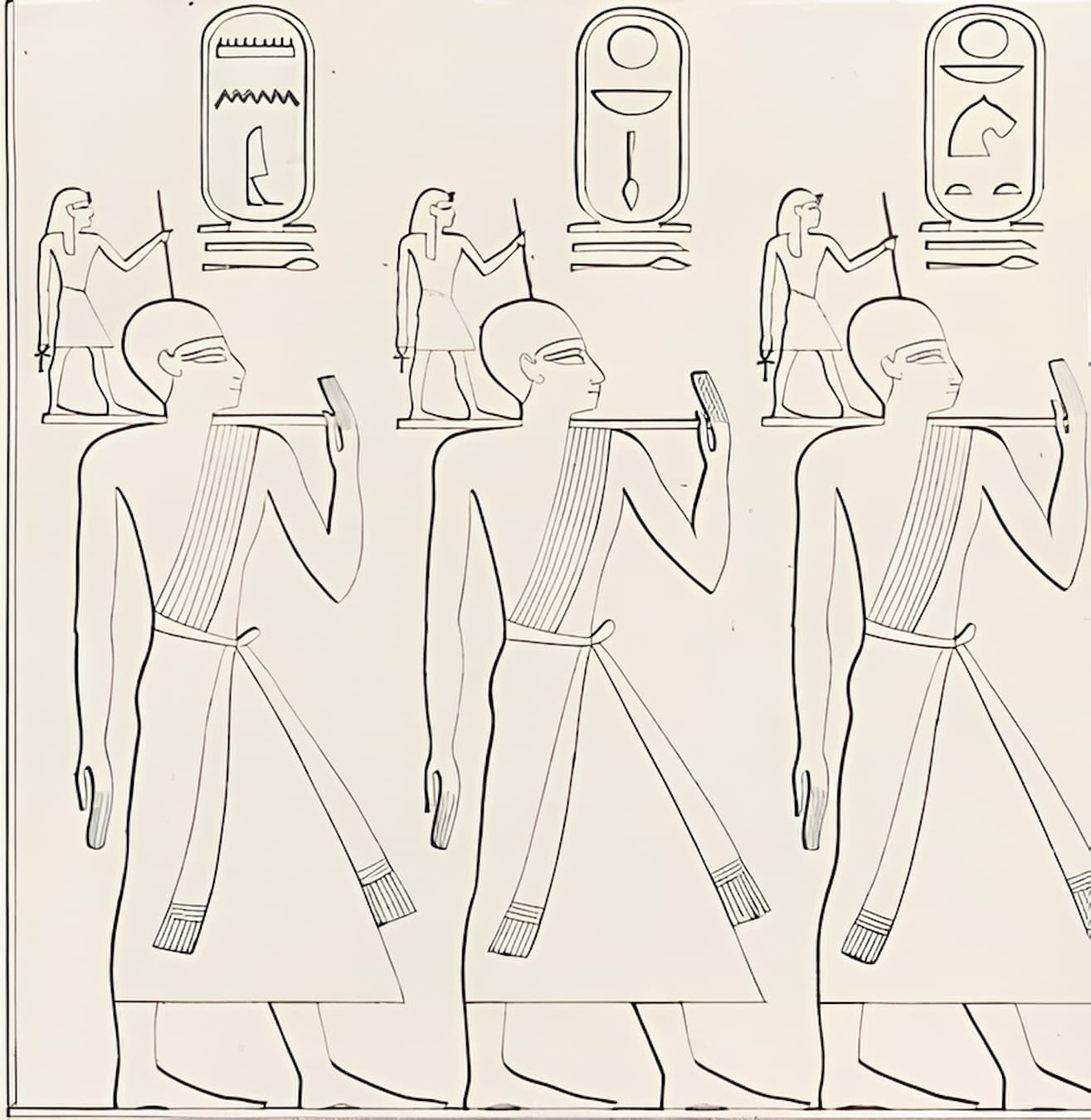 The Three Unifiers of the Empire Menes, Mentuhotep II. and Ahmose I; Depiction of Ramses II in the Ramesseum, west wall