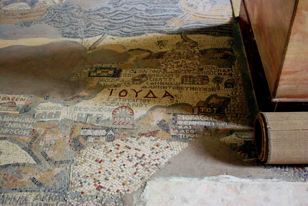 The map of Palestine, 6th century mosaic in St. George's Church in Madaba (Jordan): details of Judea.