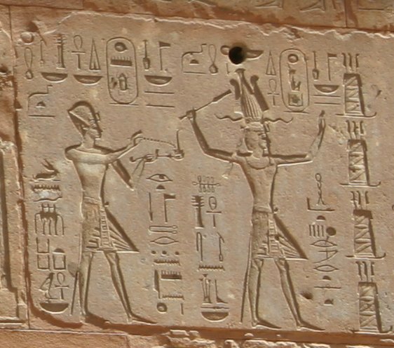 Thutmose III, on the left, and Hatshepsut in a relief in the Red Chapel of Karnak.
