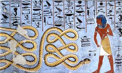 Atum holding the gigantic at bay snake Apopi, the embodiment of chaos and evil. Painting on the walls of the tomb of Ramesses I (KV16), Valley of the Kings.