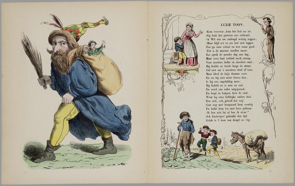 An ogre with a bag of children on his back and a rod in his hand. Taken from 'Der Osterhas," 1850.