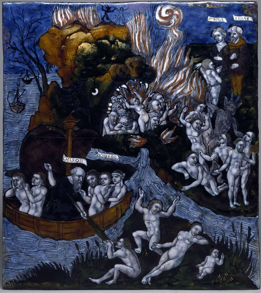 Aeneas' descent into the Underworld where the entrance is made up of the jaws of Orcus, represented as a huge monster with jaws wide open. Painting on copper panel, 1530-1540 approximately Walters Art Museum.