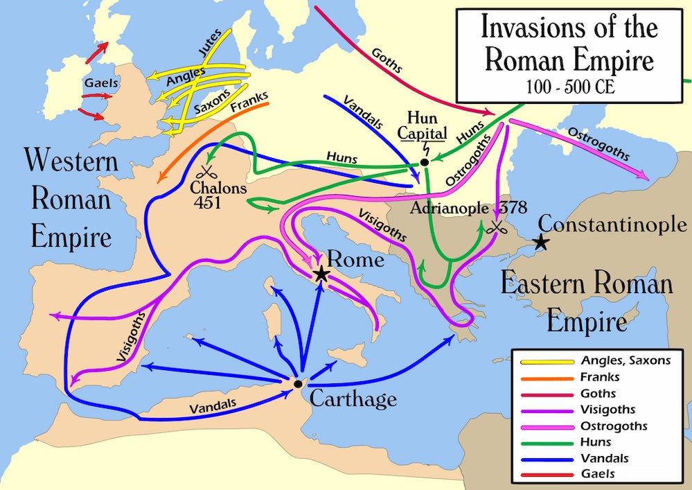 Routes taken by barbarian invaders of the Roman Empire during the Migration Period