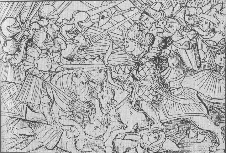 Hungarian knights routing Ottoman spahi cavalry during the Battle of Mohács in 1526
