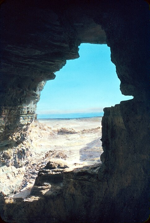 A view of the Dead Sea from a cave at Qumran in which some of the Dead Sea Scrolls were discovered