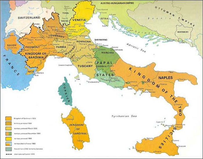 Before 1860, Italy was in the hands of the Pope, the Austrians or the Bourbons in Naples