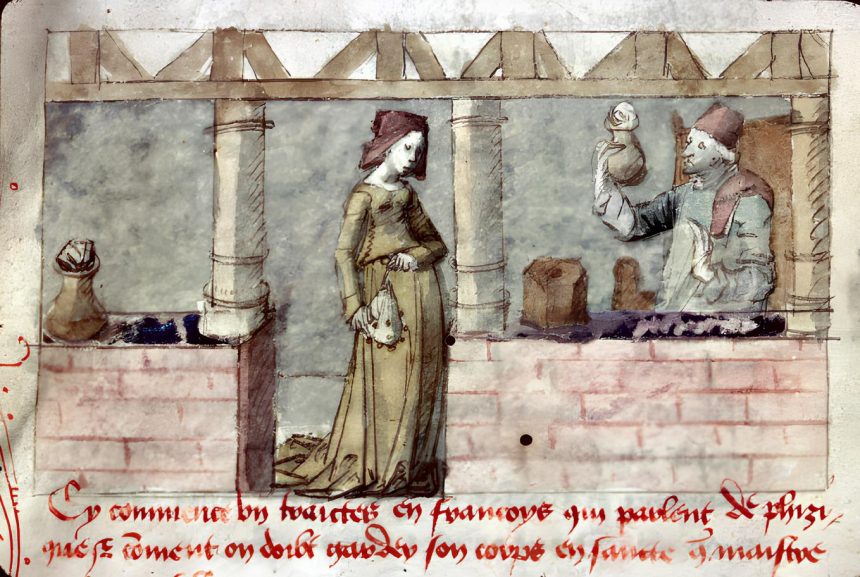 A 15th-century French apothecary (at right)