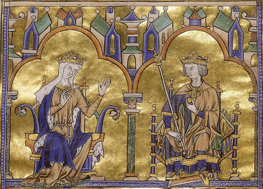 Blanche of Castile and King Louis IX of France, from Toledo Moralized Bible of St Louis, circa 1227-1234