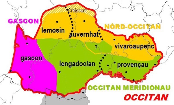 A map of Occitan dialects according to Pierre Bec