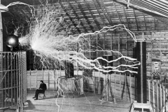 Nikola Tesla in a laboratory in Colorado Springs. Circa 1899