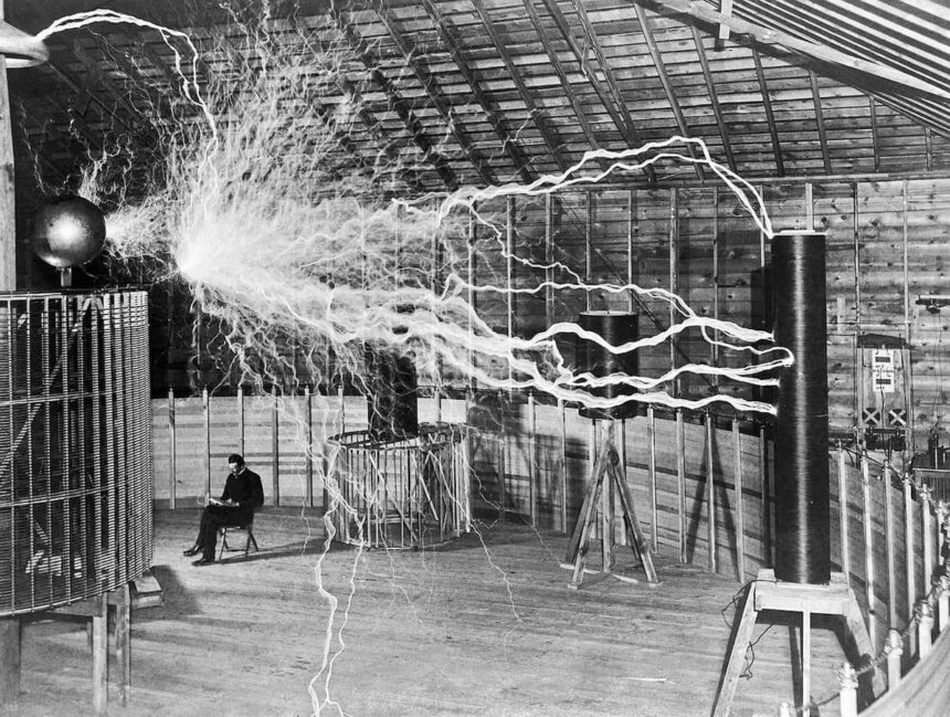 Nikola Tesla in a laboratory in Colorado Springs. Circa 1899