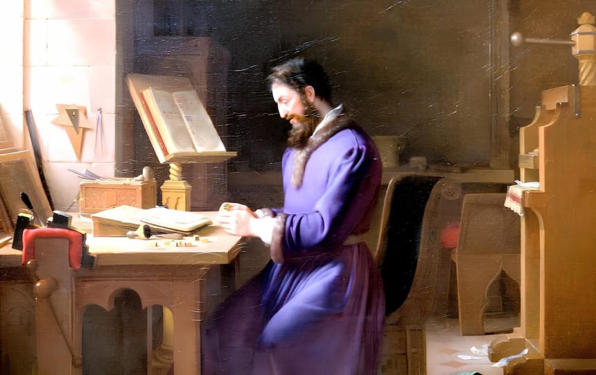 Painting "Gutenberg inventing printing" by Jean-Antoine Lauren