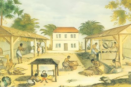 Slaves processing tobacco in Virginia in 1670