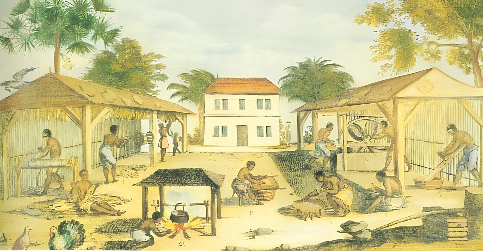 Slaves processing tobacco in Virginia in 1670