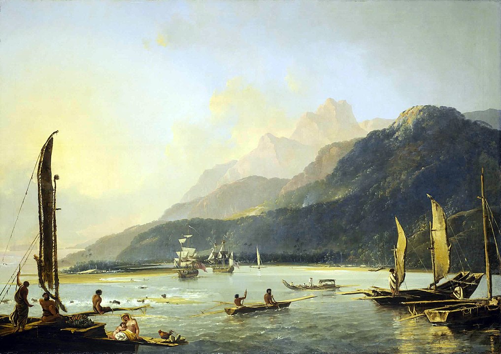 Painted by William Hodges in 1776, this work depicts the fishing boats in Matavai Bay alongside the Resolution and the Adventure, t