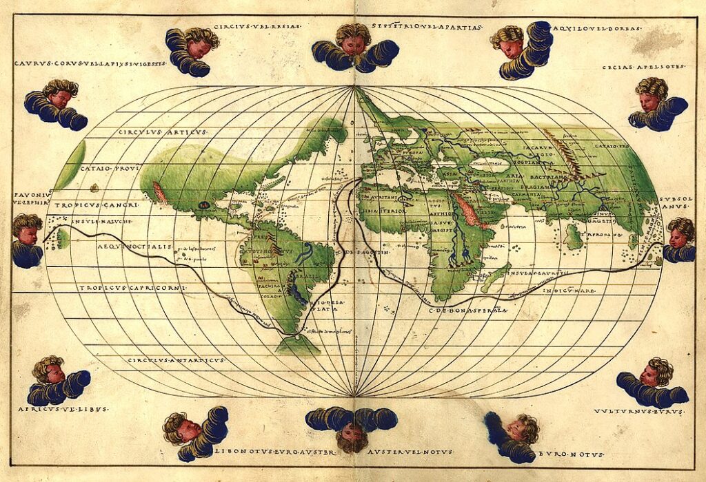 Map of the world with the road of Magellan and Elcano