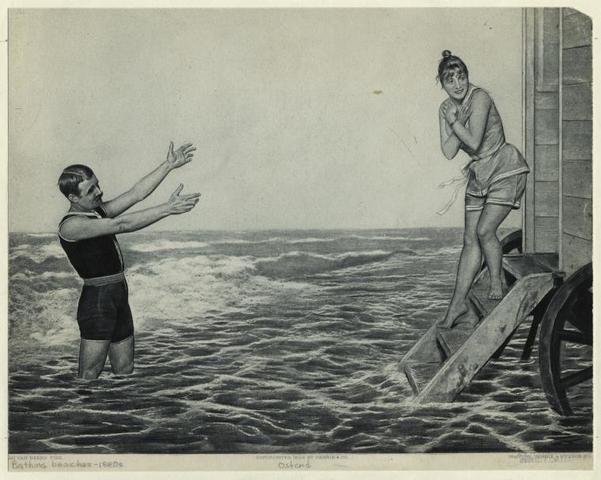 A girl leaving a swimming cabin in Ostend, Belgium. XIX century