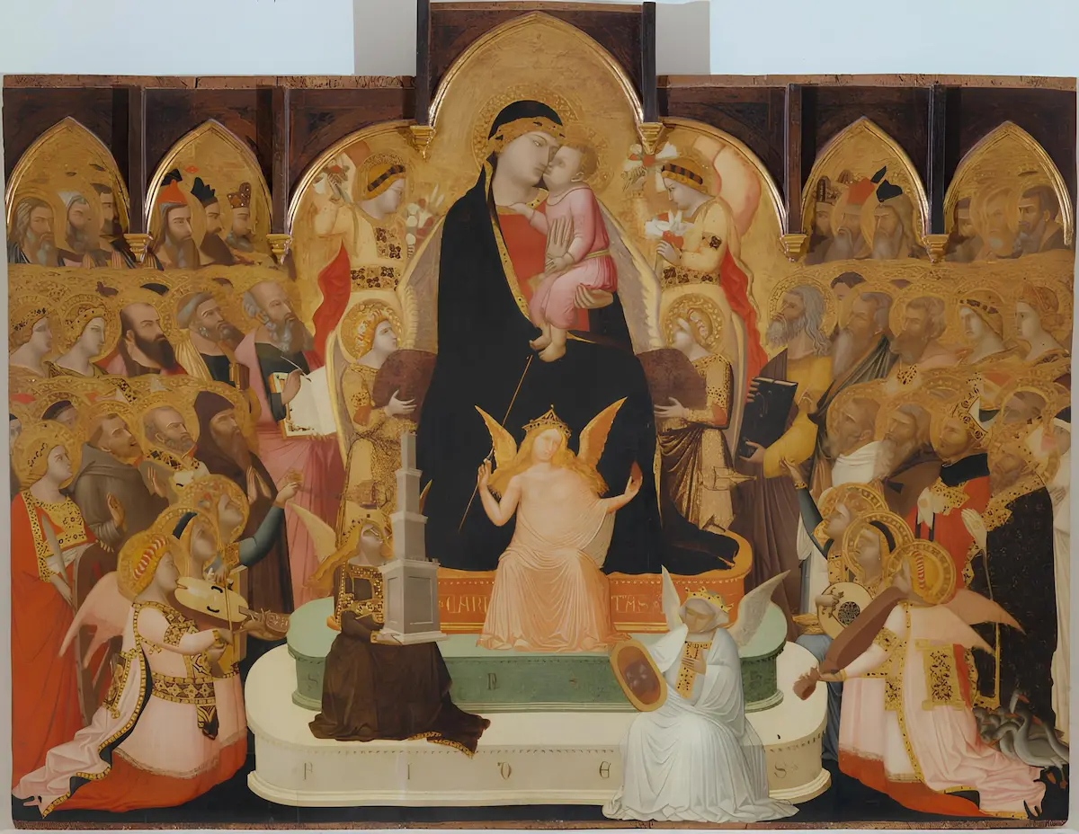 Ambrogio Lorenzetti, Madonna and Child Enthroned with Theological Virtues, Musician Angels, Saints and Prophets