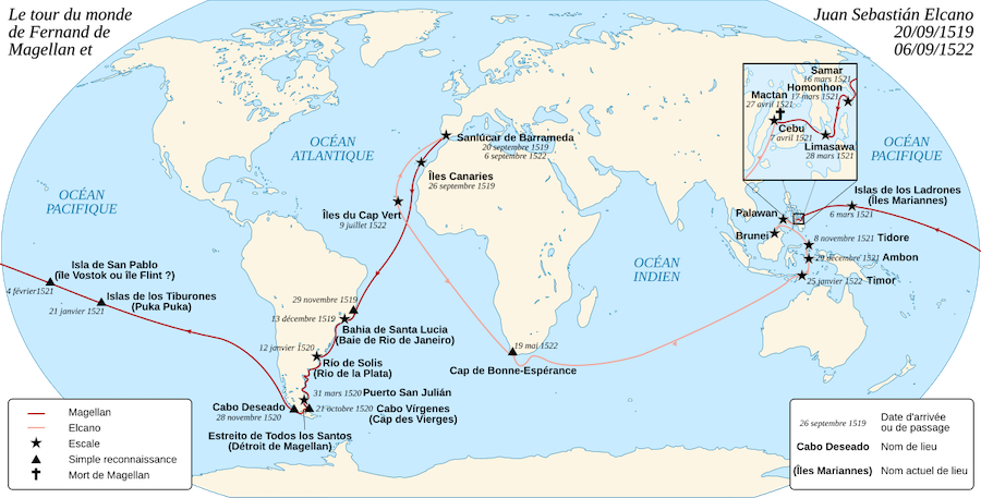 Cartography of the circumnavigation of Ferdinand Magellan and Juan Sebastián Elcano.