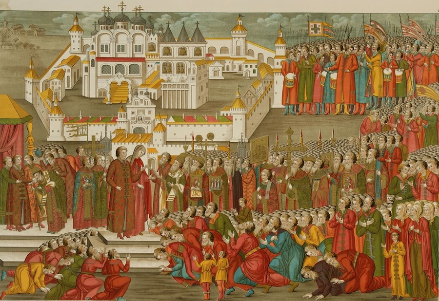 Crowd at the Ipatievsky Monastery in 1613 imploring Mikhail Romanov's mother to let him go to Moscow and become a tsar 